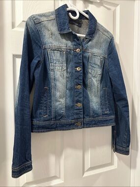 LIQUID JEANS Y2K Retro Classic Women's Distressed Denim Jacket Sz M EUC
